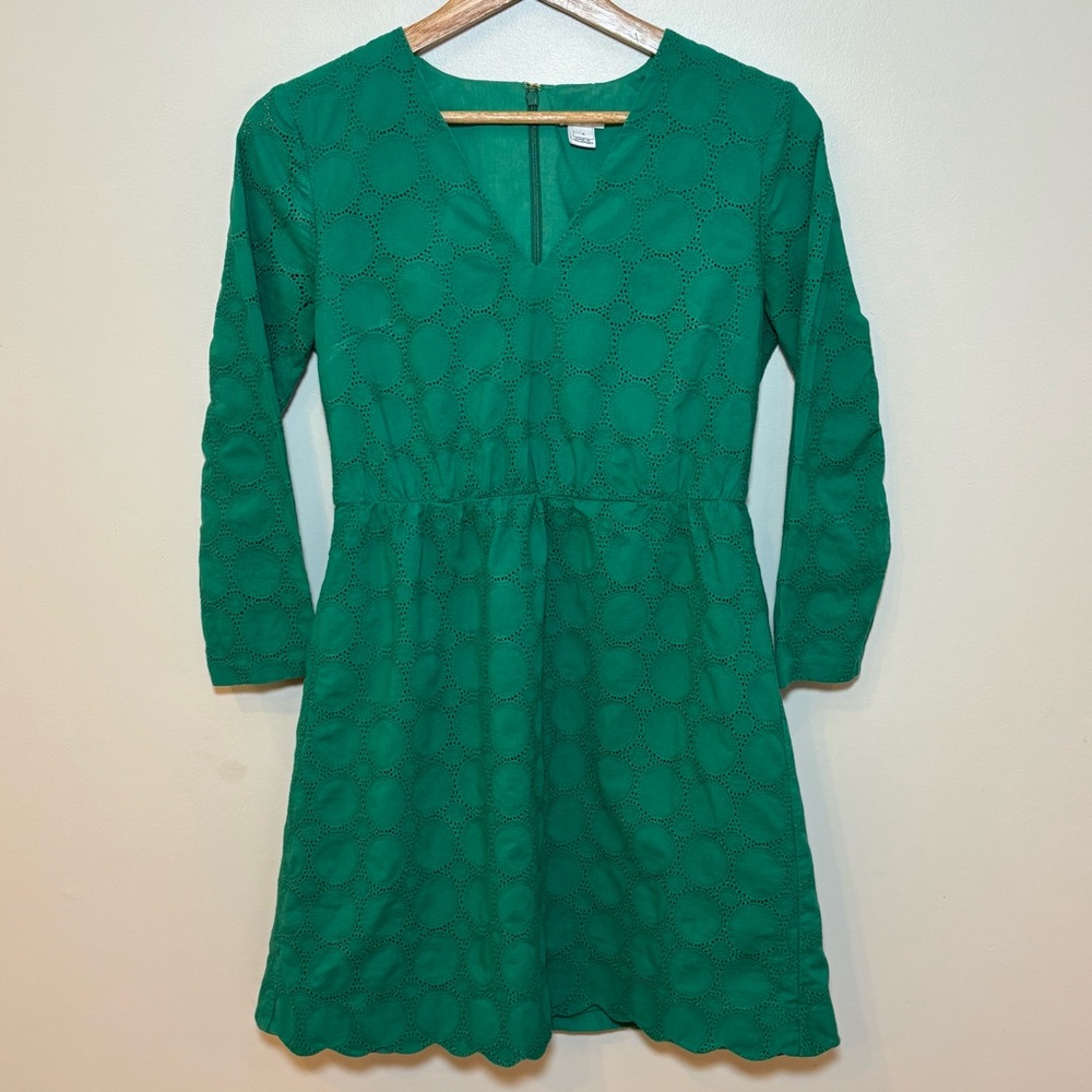 J. CREW V-neck Green Cotton Eyelet Long-sleeve Mini-Dress Size 4
